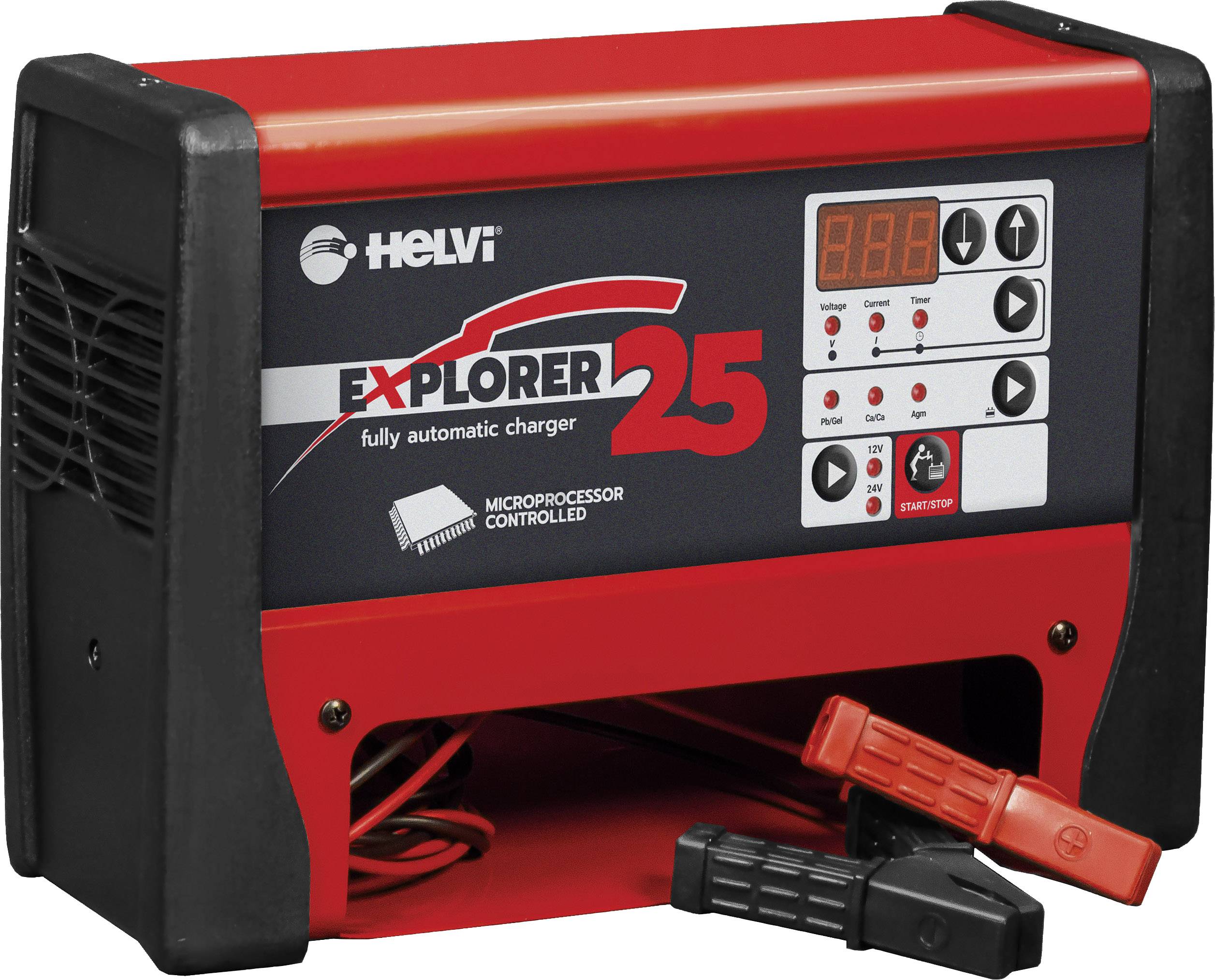 En automatisk batteriladdare med digital display, flera knappar för manövrering och två klämmer i svart och rött.