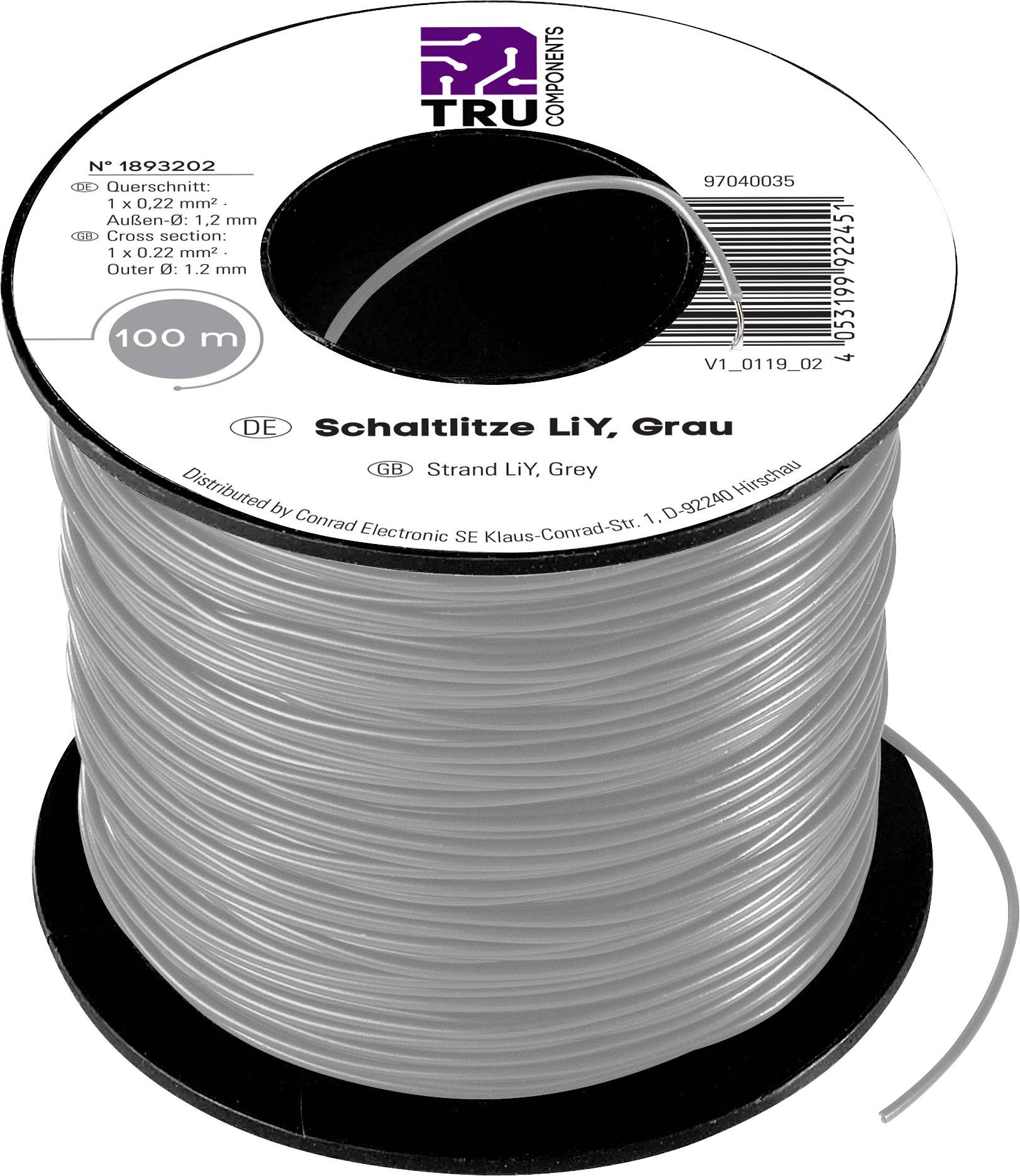 En rulle grå kopplingsledning märkt 'Kopplingstråd LiY, Grå'. Längd: 100m, Ø 1,2mm². Tillverkare: TRU Components.