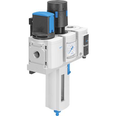 Tryckluftfilter med manometer och tryckreglage för övervakning och reglering av lufttryck i industriella tillämpningar.