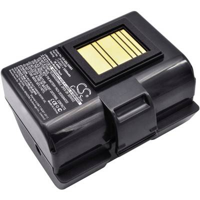 Ett rektangulärt, svart batteri med guldfärgade kontakter och text på ovansidan.