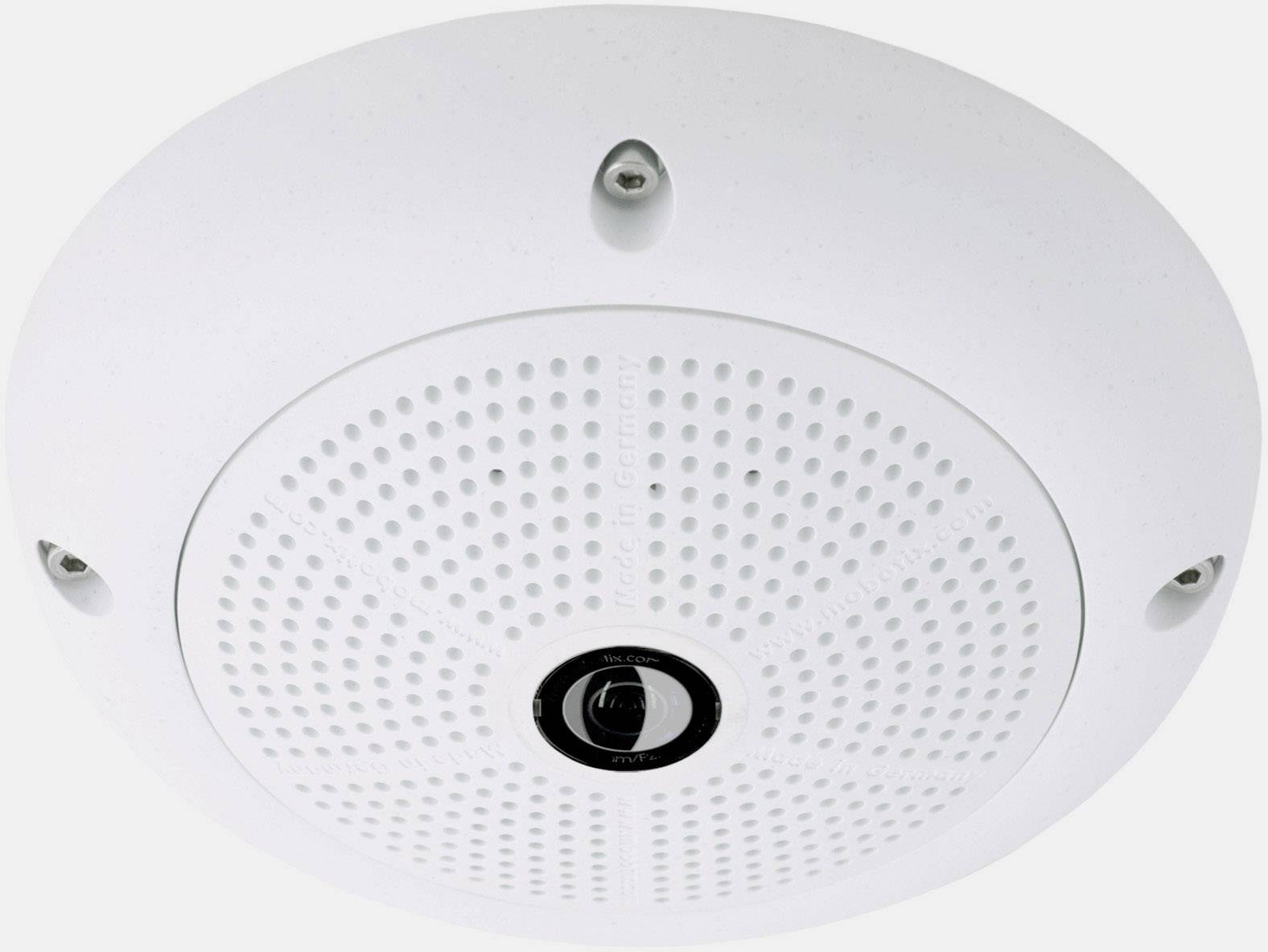 Rund takövervakningskamera med flera linser, monterad i ett vitt hölje med ventilationsöppningar för luftcirkulation.