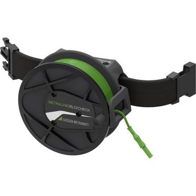 En apparat för ledningsövervakning, med upprullad grön kabel och två fästklämmer. Märkt med 'Metraline RLO Check'.