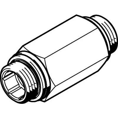 Ett svart-vitt diagram visar en sexkantig rörkoppling med ytterdelad gänga i båda ändar.