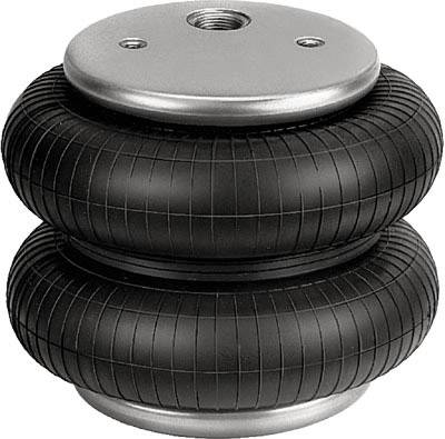 En dubbel luftfjäder med två svarta gummidynor och silvermetallplattor ovanpå och undertill, används i fordon för fjädring.