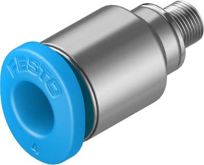 Silverfärgad pneumatisk cylinder med blått ändstycke, Festo-logotyp synlig.