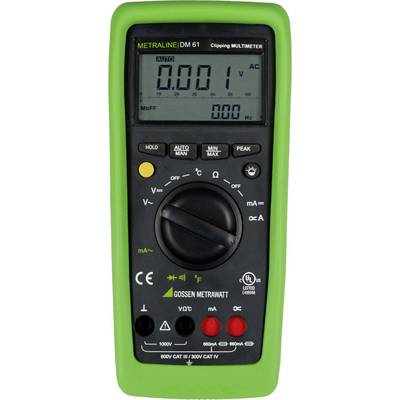 Grönt multimeter, märke Gossen Metrawatt, modell Metraline DM 61. Display visar '0.001' i AC-läge. Olika knappar och vridreglage finns.