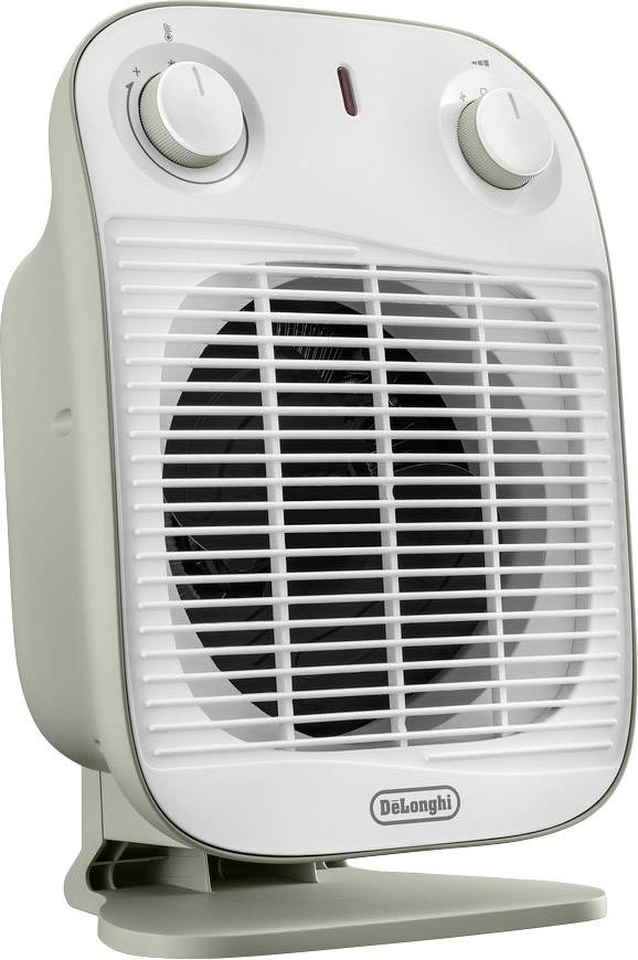 Vit, vertikal elektrisk värmefläkt med två vred på ovansidan för att styra temperatur och fläktintensitet.