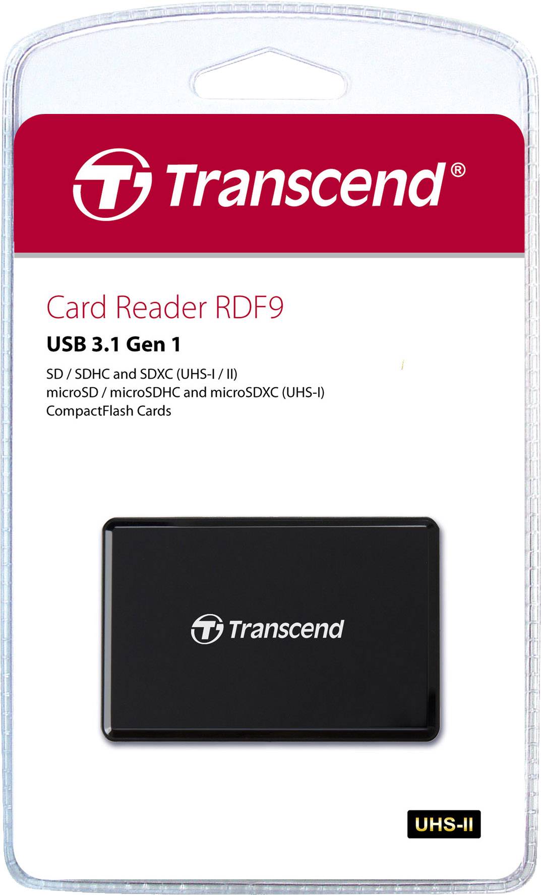 En förpackning för en Transcend RDF9 kortläsare med USB 3.1 Gen 1, kompatibel med SD- och microSD-kort samt CompactFlash.