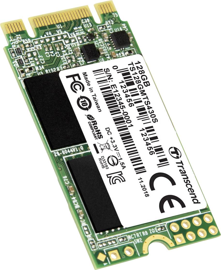 En Transcend SSD M.2 SATA III med 128 GB kapacitet, modell TS128GMTS430S, visar tekniska konformitetsdata och serienummer.