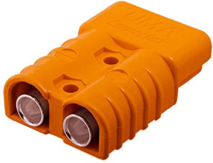 Orange kontakt med två uttag, märkt med UMA Connector, sedd ovanifrån.