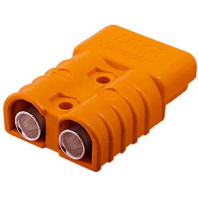 Orange kontakt med två uttag, märkt med UMA Connector, sedd ovanifrån.