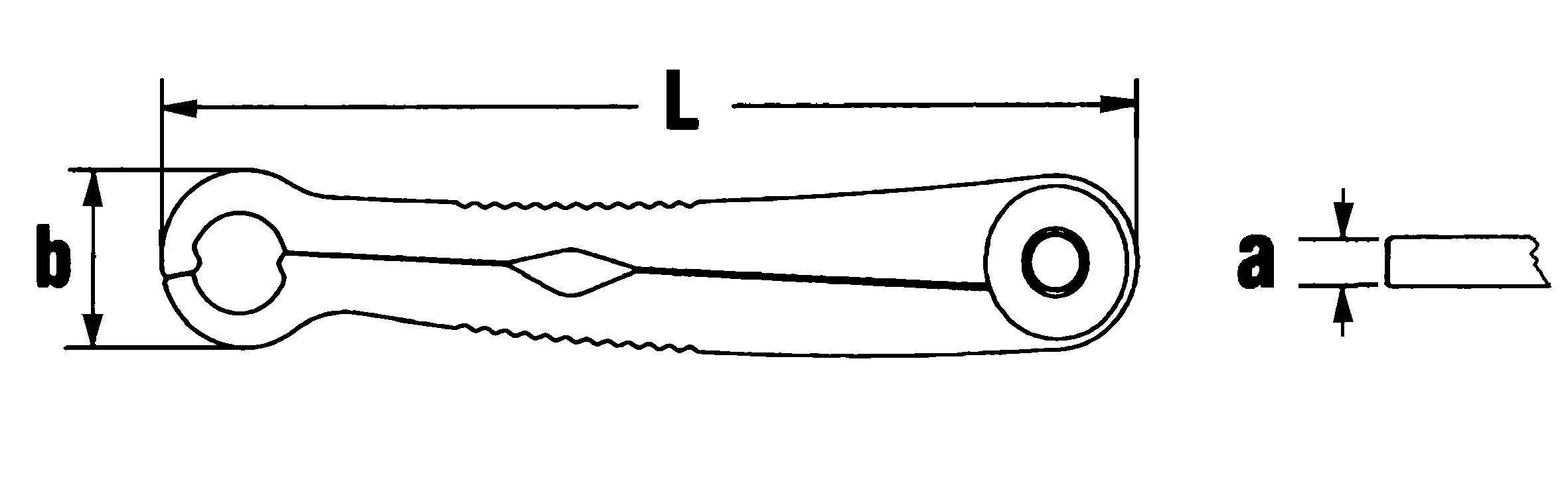 Dimensionsdiagram för en skiftnyckel visar längd (L) och bredd (b), samt handtagets tjocklek (a) i genomskärning.
