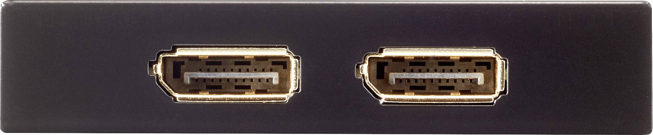 Två DisplayPort-anslutningar bredvid varandra på en svart enhet.