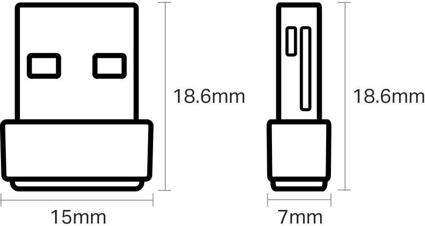Illustration av ett USB-minne med mått: Bredd 15 mm, sidovy 7 mm, höjd 18,6 mm. Visar fram- och sidovy.