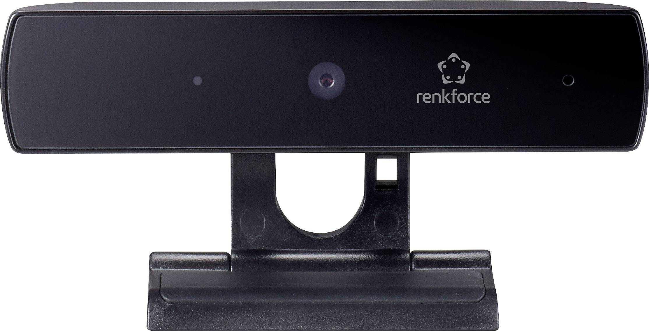 Svart webbkamera från renkforce med fäste. Den har ett centralt objektiv och två små lampor på vardera sida om logotypen.