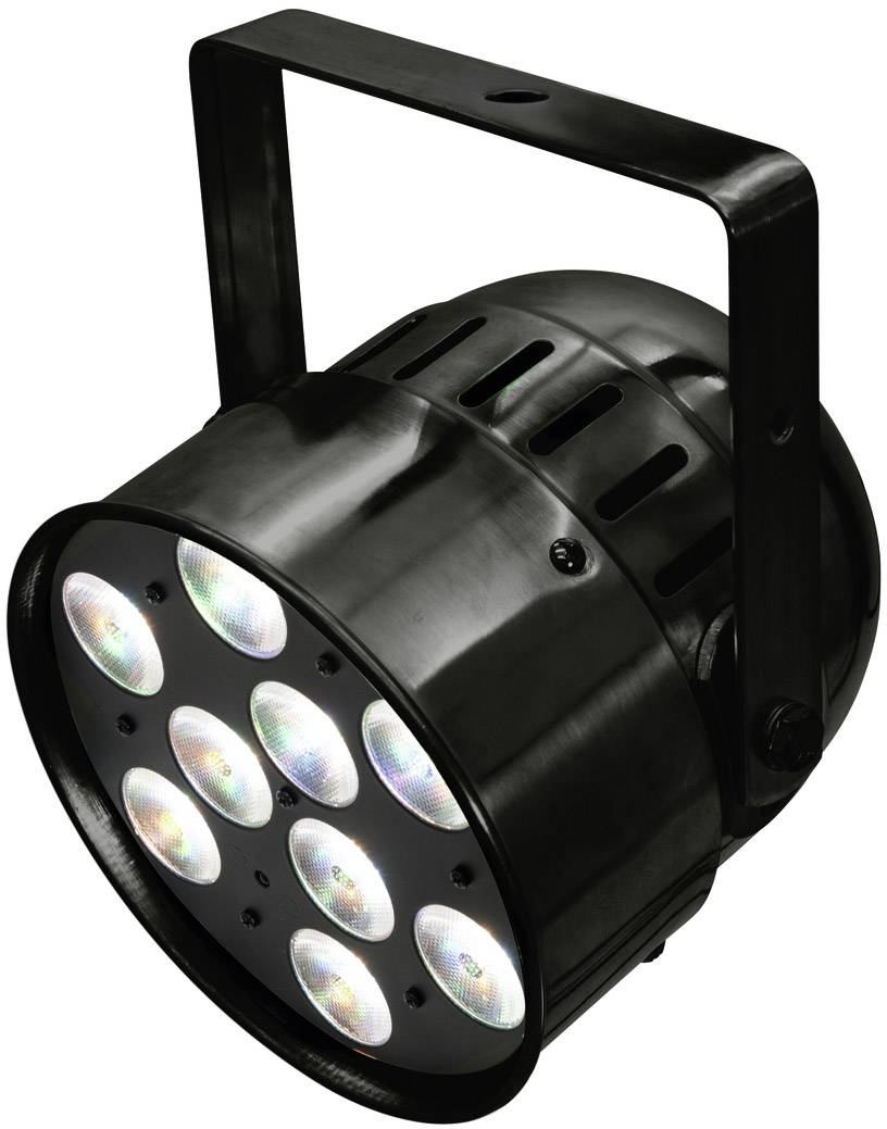 Svart LED-par-strålkastare med flera runda ljus, lämplig för scenbelysning och effekter.