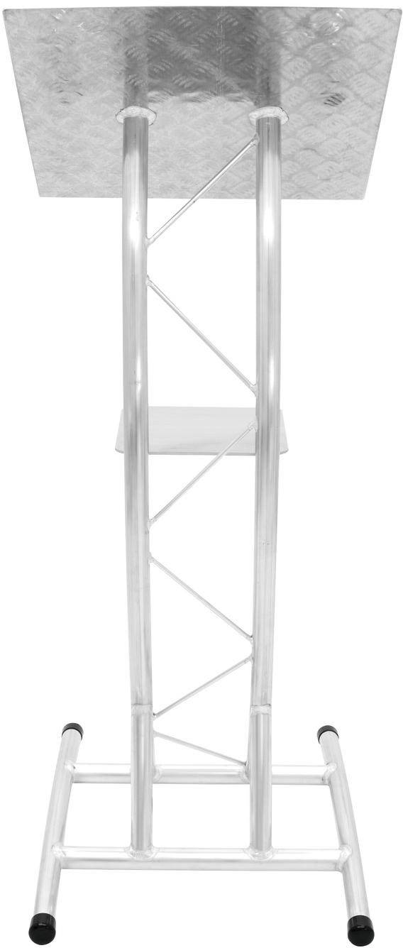 En hög, silver metallställning med rektangulär skiva och halkfria fötter. Lämplig att användas som presentationsställ.