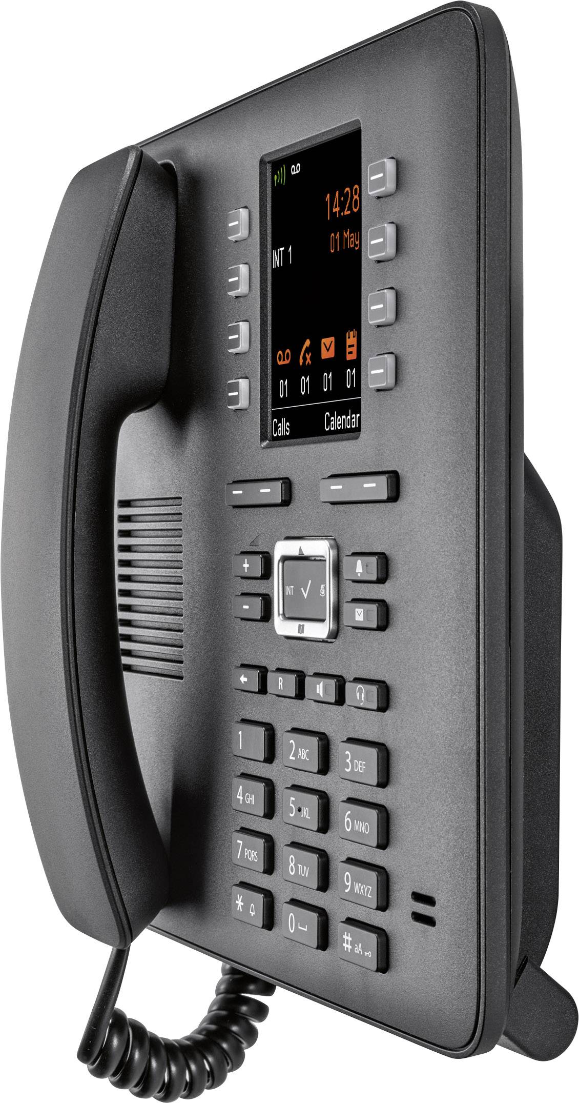 Svart bordtelefon med display och knappsats. Displayen visar datum och tid. Telefonen har knappar för samtal och kalender.