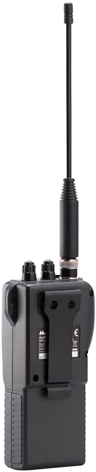 En svart walkie-talkie med lång antenn, sidomonterad clips och flera kontrolltangenter på ovansidan.