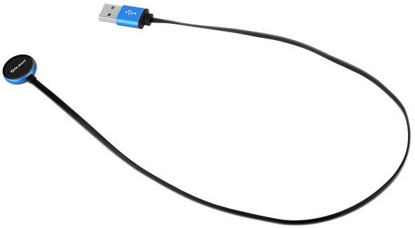 Långt, svart USB-kabel med blå kontakt och rundad, magnetisk ände, ofta använd för att ladda enheter.