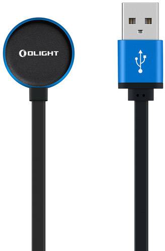Ett USB-laddningskabel med magnetisk laddningsanslutning och blått hölje, kompatibel med Olight-enheter.