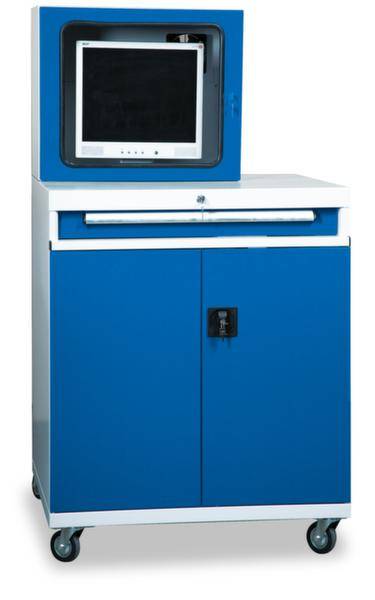 Blå mobil skåp med hjul, ett fack ovanpå för en skärm och två låsbara dörrar nedtill. Perfekt för förvaring.