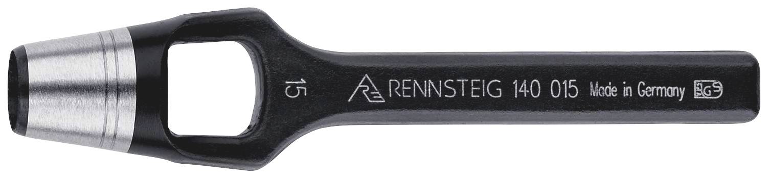 Hålstans av metall med texten 'RENNSTEIG 140 015 Made in Germany', huvudsakligen använd för läder- eller tygarbeten.