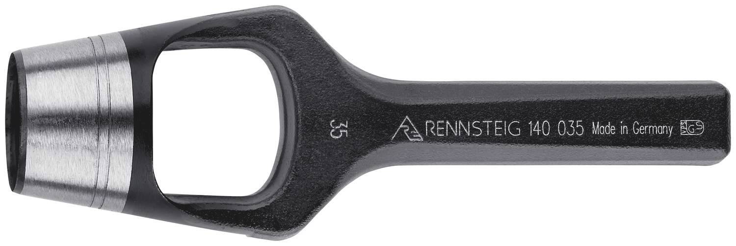 Stansverktyg med inskriptionen 'RENNSTEIG 140 035 Made in Germany', metallblad med svart handtag, lämpligt för stansning av material.