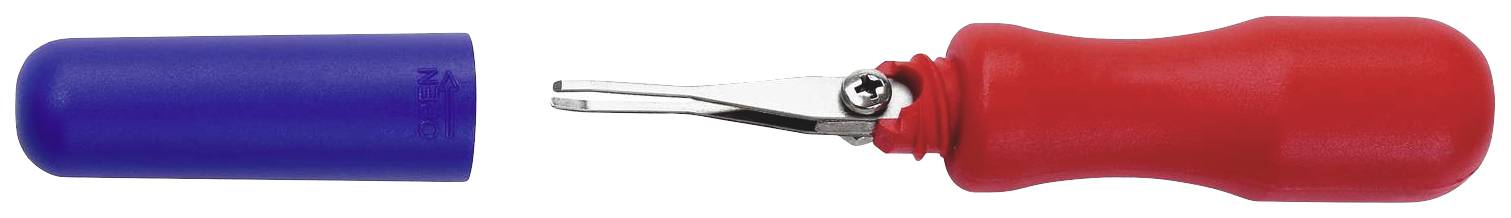 Trådbrytare med rött handtag och borttagen blå skyddskåpa; verktyg för att öppna sömmar.