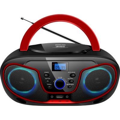 En bärbar radio med ett rött handtag, högtalare, knappar och en liten display i mitten som visar '05:39'.