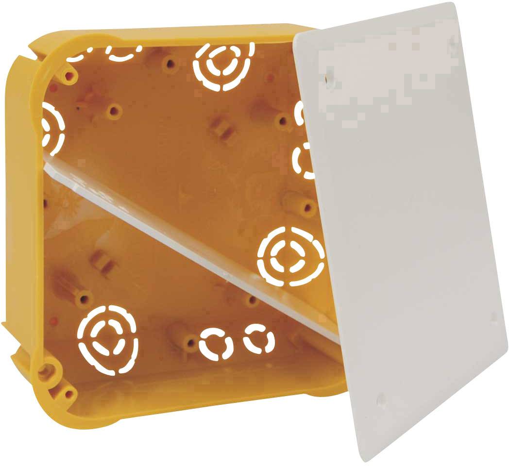 Ett orangefärgat vägginstallationshölje av plast med avtagbar, rektangulär vit lock. Lämplig för elinstallationer.