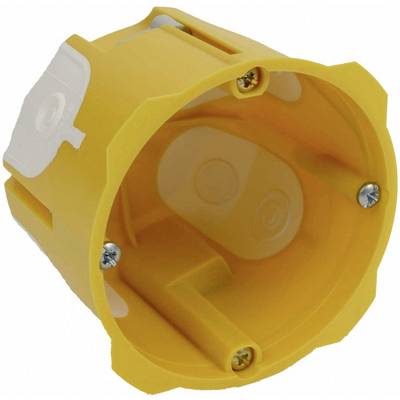 Gul infälld dosmatta av plast med tre synliga skruvhål, avsedd för infälld montering av elektriska anslutningar.