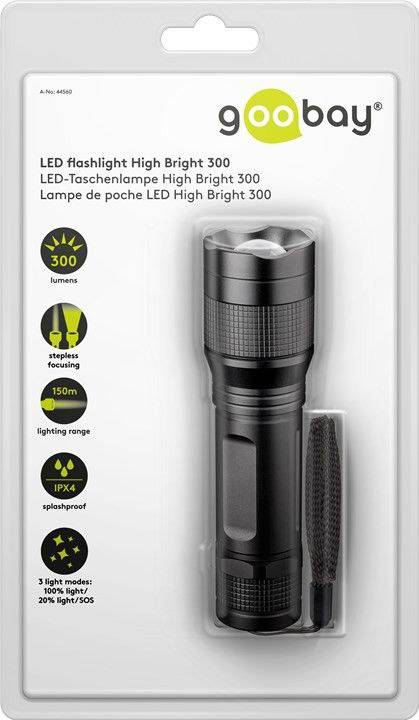 LED-ficklampa High Bright 300 från goobay, svart hölje, 300 lumen, räckvidd 150 m, IPX4 stänksäker.