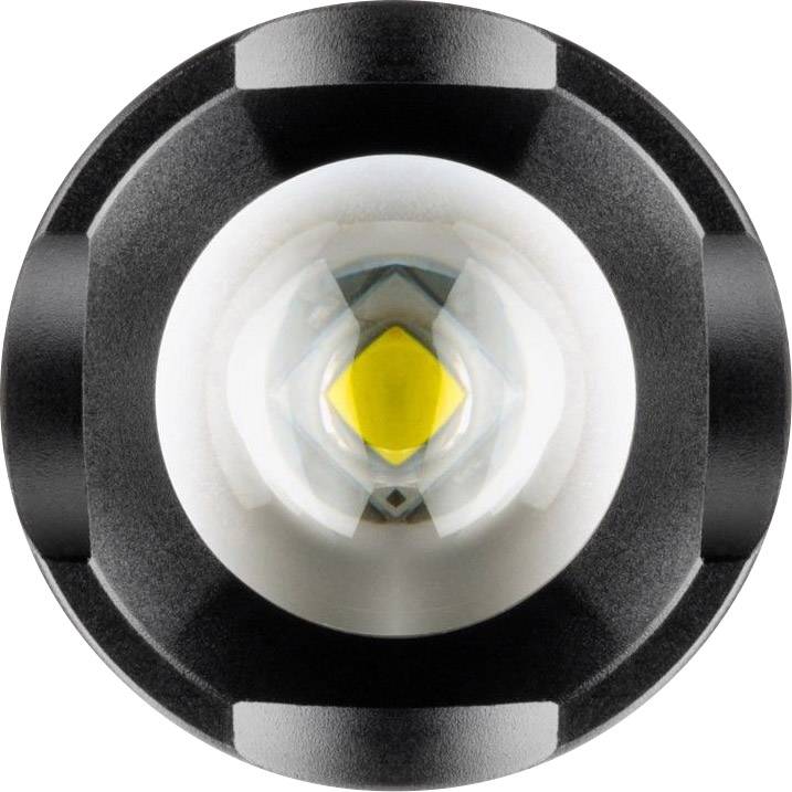 Rund LED-lins i närbild, visar central ljuskälla och omgivande reflektorstruktur.