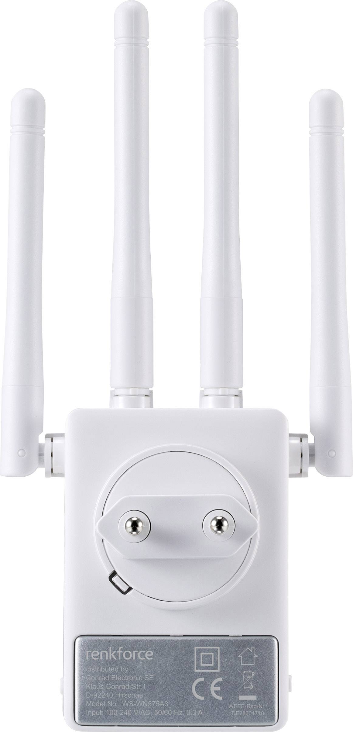 En vit WiFi-repeater med fyra synliga antenner, ett eluttag och tekniska specifikationer på undersidan.