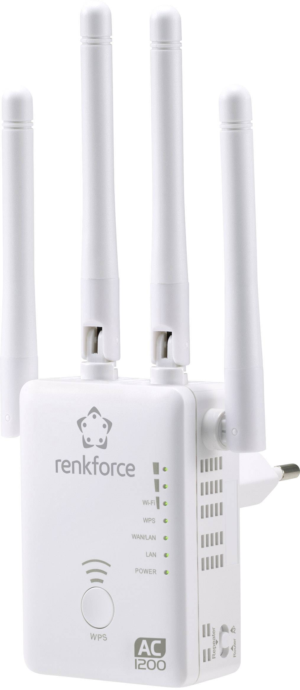 En vit WiFi-repeater med tre antenner. LED-lampor visar status för WLAN, LAN och ström. Märke 'Renkforce', modell 'AC 1200'.