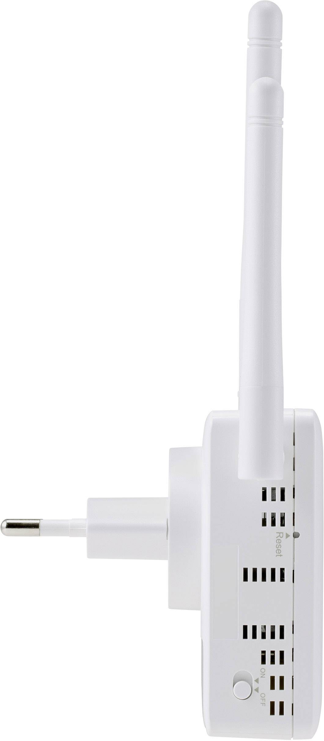 En vit WLAN-repeater med två antenner, som är lämplig för vägguttag, avbildad från sidan.