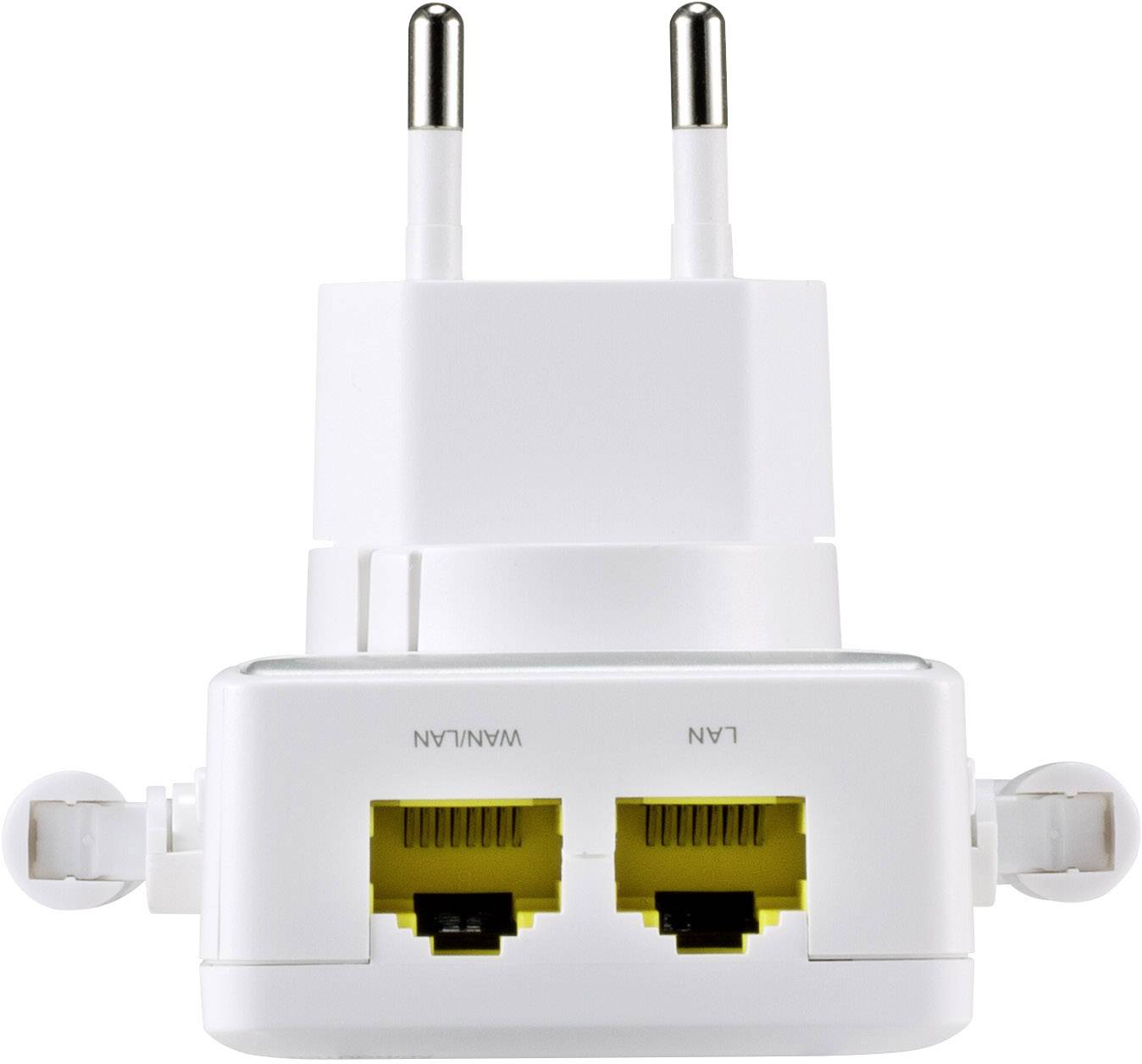 Vit nätverksadapter med två gula Ethernet-portar, märkta 'WAN/LAN' och 'LAN', samt en kontakt för vägguttaget.