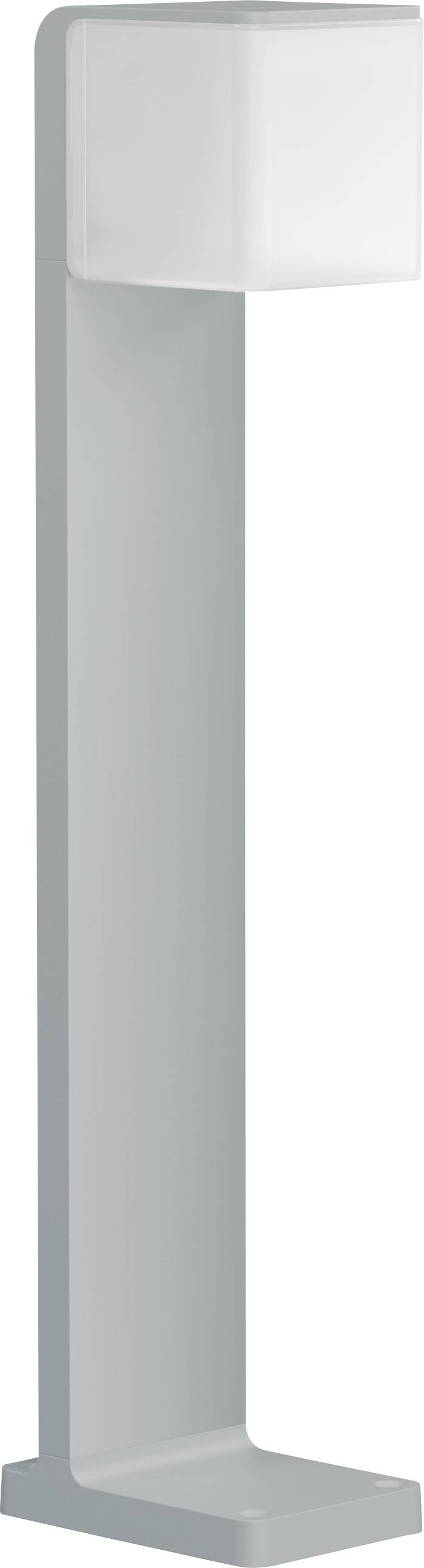 En modern, minimalistisk golvlampa med en hög, rektangulär ram och en frostad fyrkantig lampskärm längst upp.