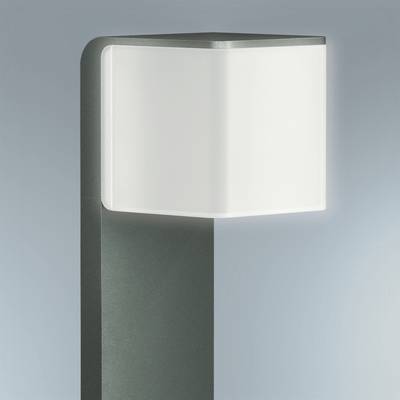 Modern utomhuslampa med rektangulär, vit lampskärm på grå fot framför blågrå bakgrund. Perfekt för trädgårdsbelysning.