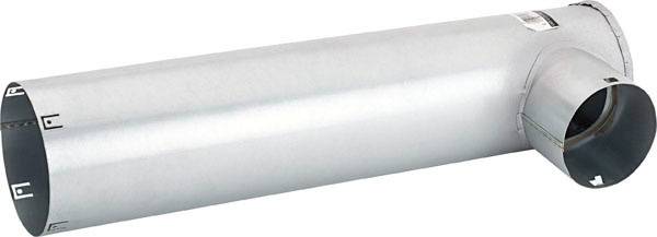 Silverfärgat, metalliskt ventilationsrör i T-form, med ett huvudrör och en sidoavgrening. Anslutningspunkter synliga.