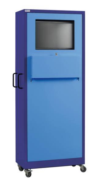 Ett blått skåp med en svart skärm i den övre halvan, hjul på fötterna och handtag på sidan. Funktionen är oklar.