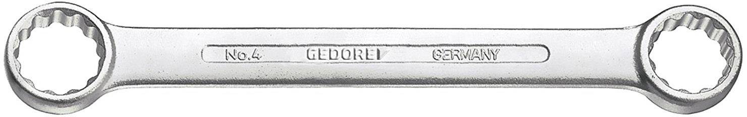 Dubbelsidigt ringnycklar av metall, öppna ringar på båda sidor, präglat i mitten med 'No. 4 GEDORE Germany'.
