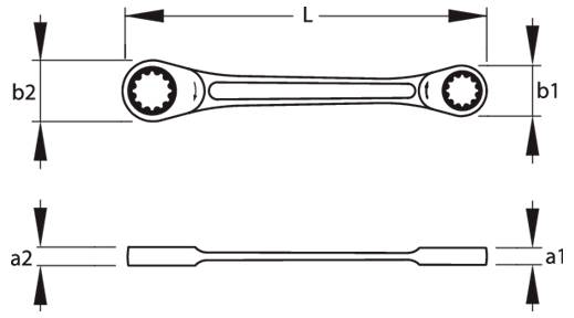 Diagram av en skiftnyckel som visar total längd L och slutdimensioner b1, b2, a1 och a2 med pilar som anger mätpunkter.