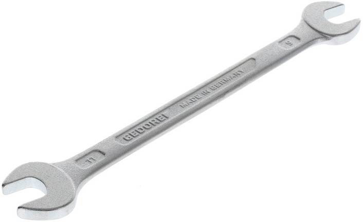 Gaffelnycklar av metall med storlekar 8 mm och 11 mm. På sidan står det 'MADE IN GERMANY'. Lämplig för mekaniska reparationer.