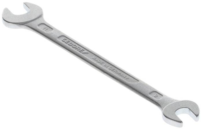 Skiftnyckel med två käftar, vänster storlek 17 och höger storlek 19, tillverkad av silverfärgad metall. Präglad med 'Gebr. Heller Made in Germany'.