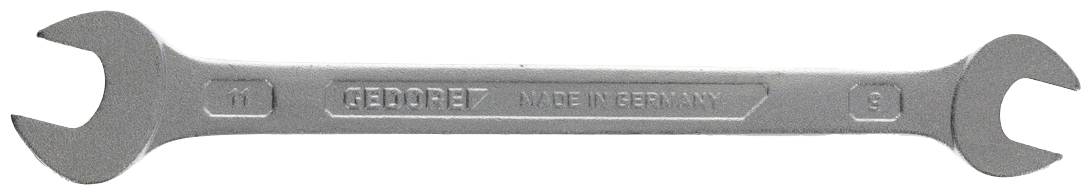 En silverfärgad gaffelnyckeln av märket 'Gedore', med storleksangivelserna 10 mm och 9 mm, tillverkad i Tyskland.