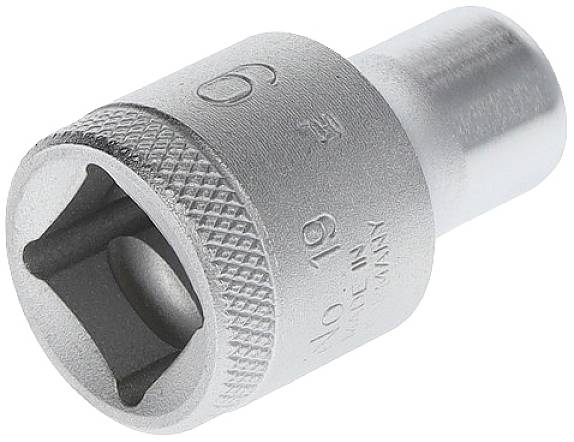 Sexkantshylsa med 19 mm diameter, tillverkad av metall, lämplig för skiftnycklar och spärrnycklar, på vit bakgrund.