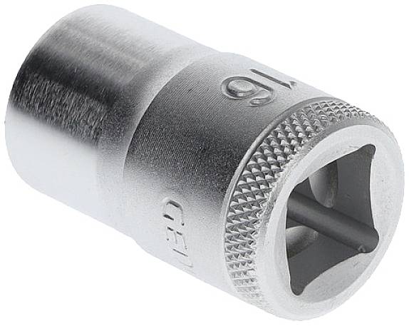 Hylsnyckel, 16 mm, av metall, cylindrisk form, invändigt sexkantig, lämplig för handverktyg.