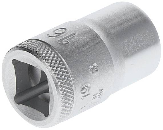 Metallisk sexkantig hylsa, 19 mm, med räfflat grepp för bättre grepp.